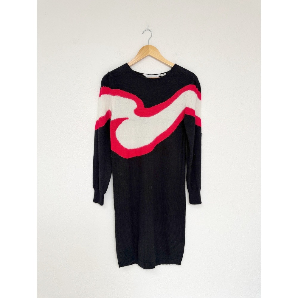 Christina Grant Black Red White Abstract Swirl Angora Blend Knit Sweater Dress S